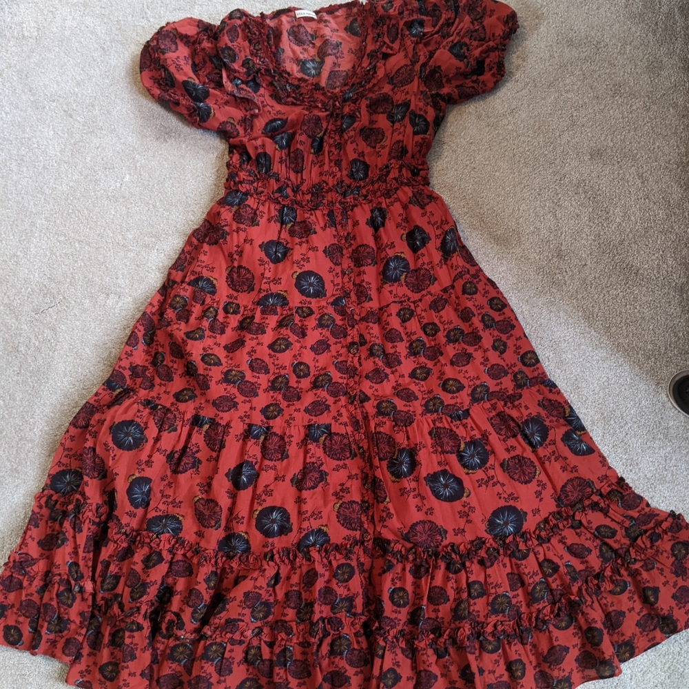Ulla Johnson Red Floral Midi Dress with Black Accents - Picture 3 of 6